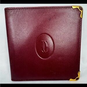 Cartier Burgundy Leather Money Clip Bifold Bill Wallet with Gold Details COA